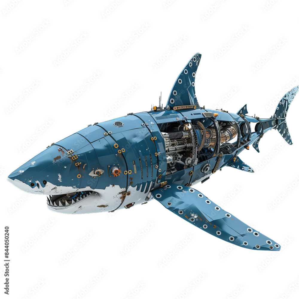 Poster digital art of a mechanical shark with intricate machinery details isolated on a transparent backdro