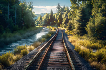 Fototapeta premium Forest trees and river along a railroad on an summer afternoon. Train tracks travel concept. Generative AI.