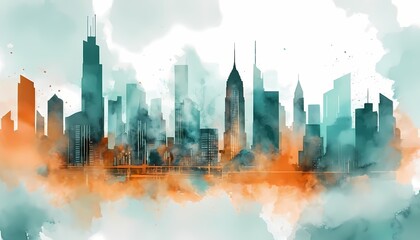 Watercolor painting of an abstract urban, cityscape, skyscraper generative AI illustration