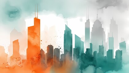 Watercolor painting of an abstract urban, cityscape, skyscraper generative AI illustration