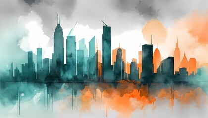 Watercolor painting of an abstract urban, cityscape, skyscraper generative AI illustration