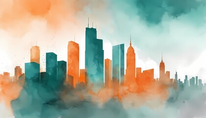 Fototapeta premium Watercolor painting of an abstract urban, cityscape, skyscraper generative AI illustration