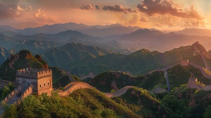 Sunset over the Majestic Great Wall. This landscape photo captures the historic structure glowing under the soft evening light. Perfect for travel enthusiasts, history buffs, and nature lovers. AI