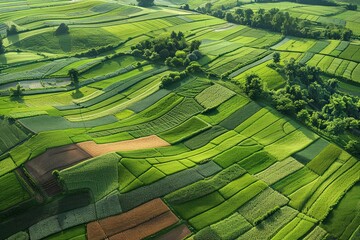 Fototapeta premium An aerial view of a patchwork of farmland in the countryside. The fields are in various shades of green, with some trees and bushes dotting the landscape.