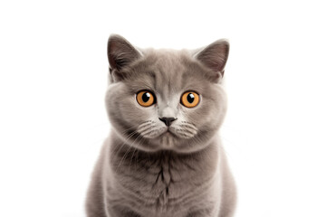Cute british shorthair kitty looking at camera. Head close-up portrait of british shorthair cat. White Isolated background. Generative AI