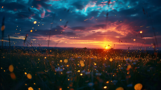 Paesaggio di campagna al tramonto con lucciole