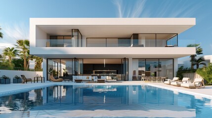 Fototapeta premium Modern White Villa with Swimming Pool and Patio