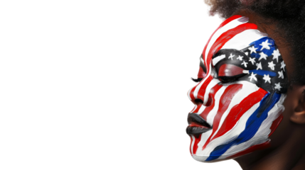 Portrait shot of anAfrican American woman, face painted with colors and pattern of the American flag