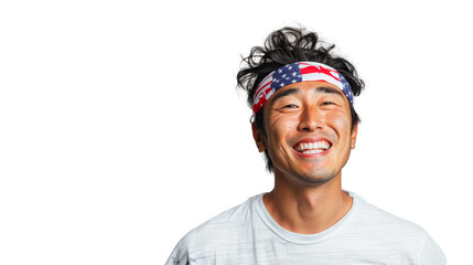 Fototapeta premium Asian man wearing a USA flag headband