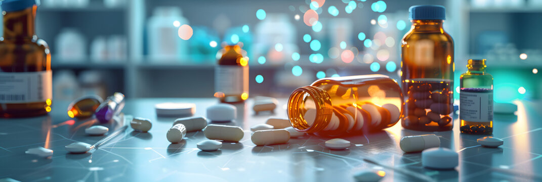 different bills and bottles for pharmaceutical and healthcare medication and drug research labs concepts with copy space area