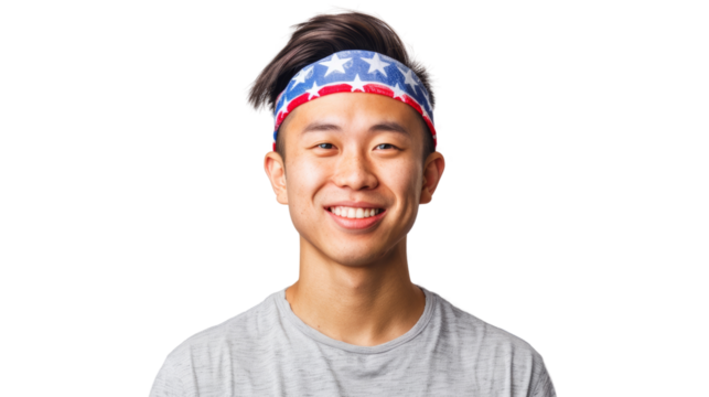 Asian young adult man wearing a headband with the American flag print