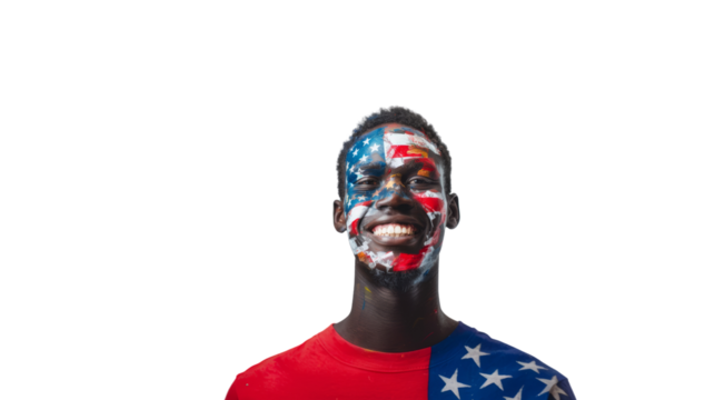 African American, face painted with colors and pattern of the American flag