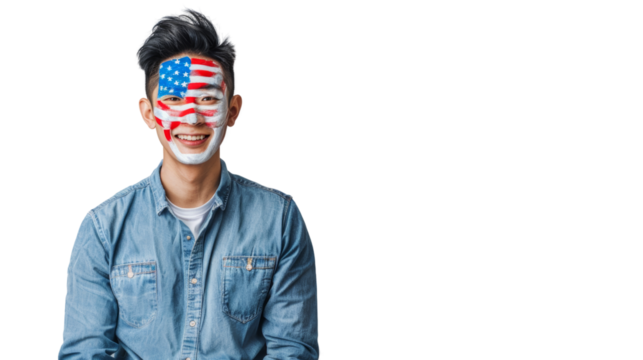 4th of July, Asian man sitting, face painted with colors and pattern of the American flag