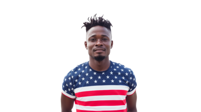 African American man wearing a t-shirt with the American flag, looking at camera, Independence Day