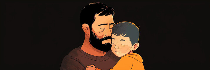 Heartfelt illustration of father with his son, set against a black background, emphasizing their connection and affection in a classic and impactful depiction.