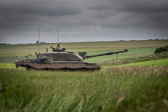 close-up of a british army challenger 2 FV4034 main battle tank in action on exercise on Salisbury Plain military training area, Wiltshire UK