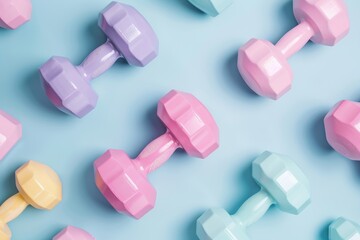Obraz premium Pastel Dumbbells on Blue Background