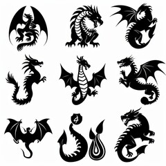 Dragons icon silhouette, dino, wyvern symbols, dinosaurs isolated, mythical monster, minimal flat tattoo