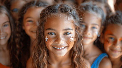 Obraz premium Happy Group of Children with Face Paint Enjoying Outdoor Summer Event - Fun and Friendship in a Lively Gathering