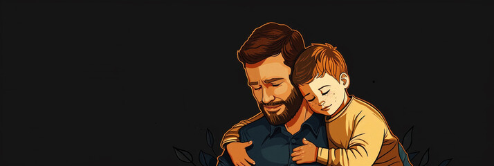 Illustration of father and son on a striking black background, capturing their bond and love in a timeless and elegant portrayal.