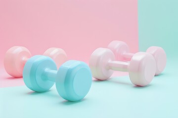 Obraz premium Pastel Dumbbells on Pink and Blue Background