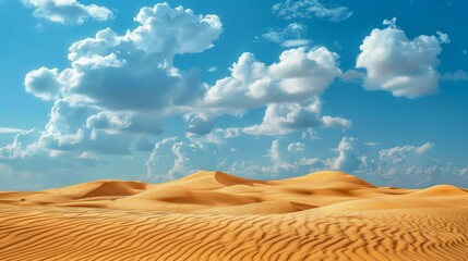 Sandy Desert Landscape with Rolling Dunes and Blue Sky. This photo showcases clear details of golden sand and the clouds. Perfect for environmental, travel