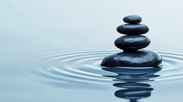 Serene stack of smooth black stones forming a balanced pyramid on water with gentle ripples. This zen-style image evokes calm and harmony. Perfect for wellness, meditation, and relaxation themes. AI
