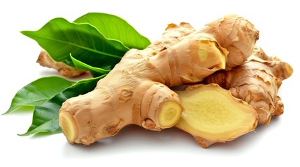 Fresh ginger root with green leaves on a white background. This vibrant image showcases the natural texture and color of ginger, ideal for culinary and health-themed projects.