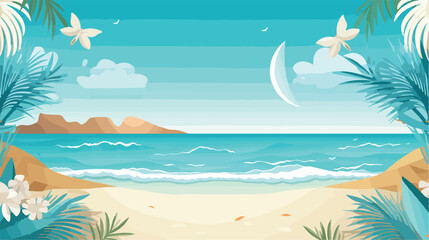 Beach with palms sea waves perfect seascape birds c