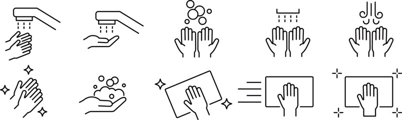 手と衛生に関する線画アイコンセット