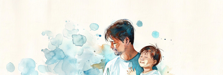 Watercolor and ink painting of father and child, storybook illustration style, serene Father's Day background, white space.