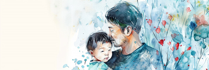 Watercolor and ink painting of father and child, storybook illustration style, serene Father's Day background, white space.