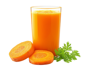 Carrot juice in a glass with fresh carrots and parsley.