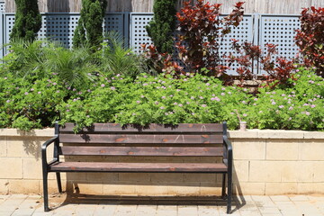 A bench for relaxing in a city park on the seashore.