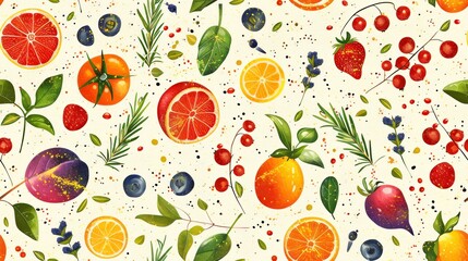 Bright and Colorful Fruit Pattern with Vegetables and Herbs. Hand-drawn Style Illustrations Create a Vibrant and Fresh Design. Perfect for Wallpapers, Textiles, and Creative Projects. AI