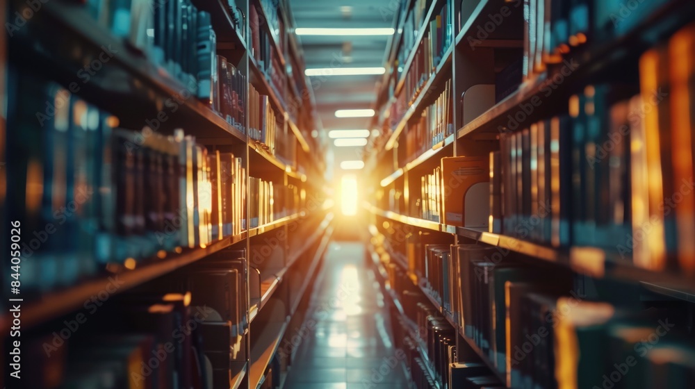 Poster A photograph of multiple shelves filled with books, possibly in a library setting