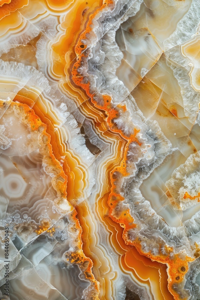 Poster a detailed view of the intricate patterns on an orange and white marble, perfect for design or decor