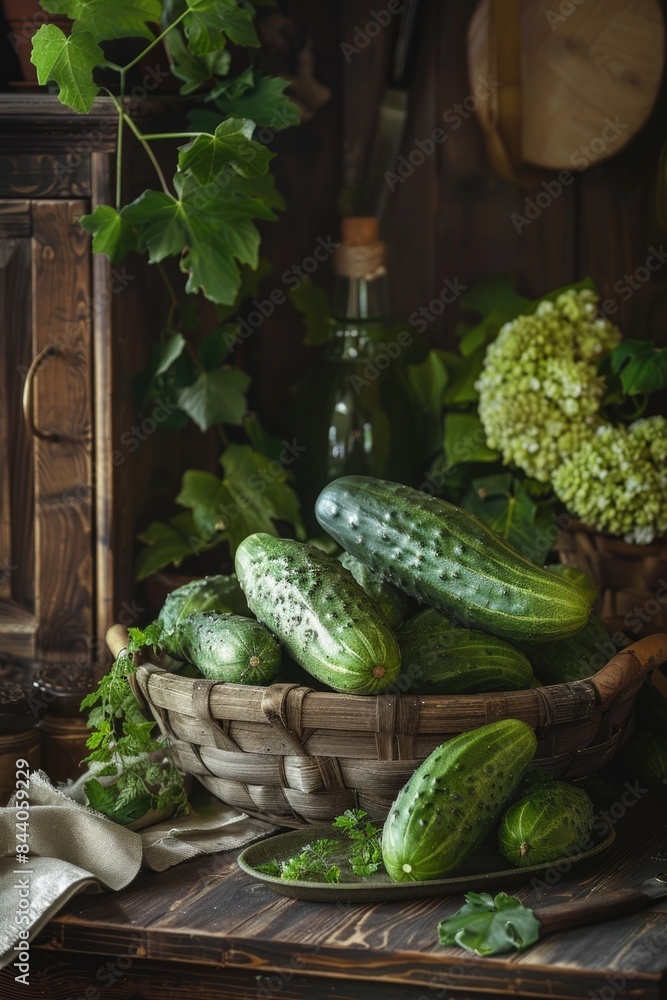 Poster A simple still life of a wooden table topped with a basket full of fresh cucumbers