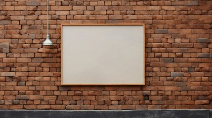 Empty frame mockup on brick wall with lamp
