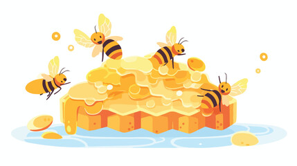 bees on honey comb 2d flat cartoon vactor illustrat