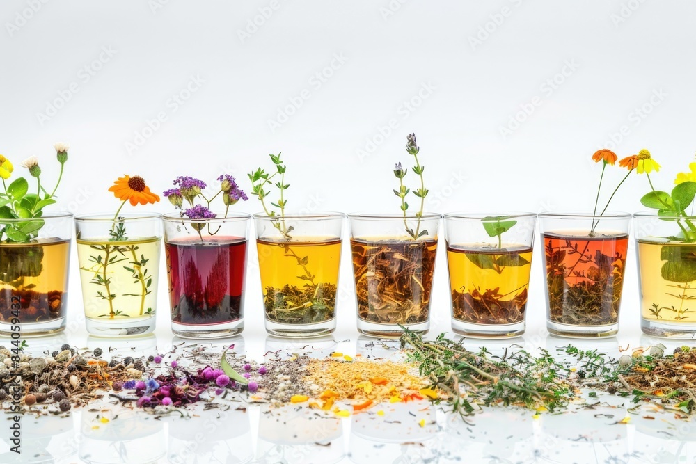 Poster A row of glasses filled with various teas for serving and enjoying