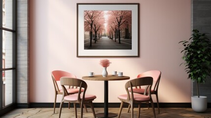 Сafe interior with walls of Peach Fuzz color with a framed poster over the table