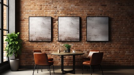 Empty frames poster mockup on brick wall above table and chairs in cafe modern design loft slyle
