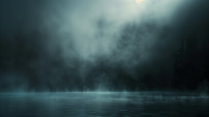 Fototapeta premium A dark, misty scene with a fog-covered surface, creating an eerie and atmospheric ambiance