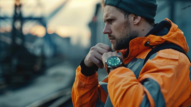 A person wearing an orange jacket looks at their watch, possibly indicating they're running late or need to keep track of time