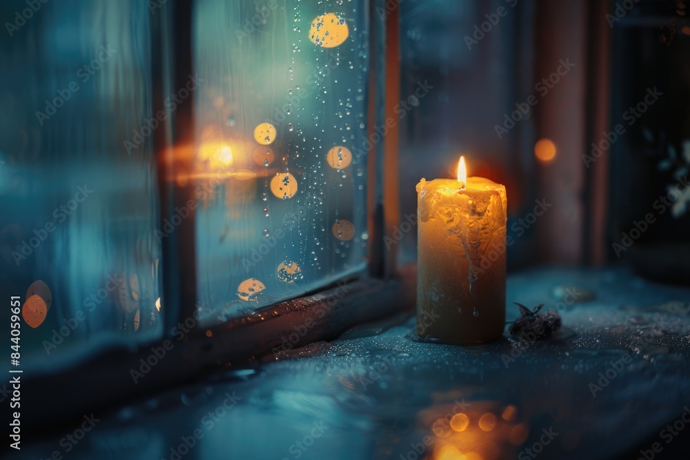 Poster a lone candle sits in front of a window, casting warm light and shadows