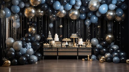 A black wall is decorated with a balloon archway with blue, black, and gold balloons, and a table with cakes and treats in front of it. Photo zone with black and silver balloons
