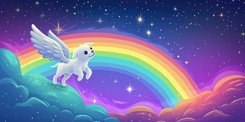 Fototapeta premium Cute white puppy angel flying in the sky with rainbow and stars background. The concept of rest in peace. Fantasy animal illustration. Pets passing away 