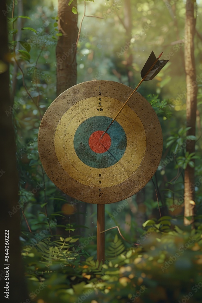 Aufkleber a wooden target with an arrow stuck in the center, surrounded by trees in a woodland setting