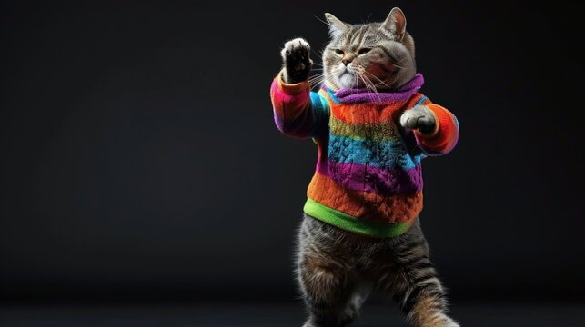 A playful cat wearing a colorful sweater dances with joy